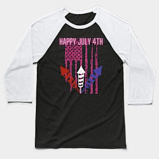 Happy July 4th (pink leopard flag & firework sticks) Baseball T-Shirt